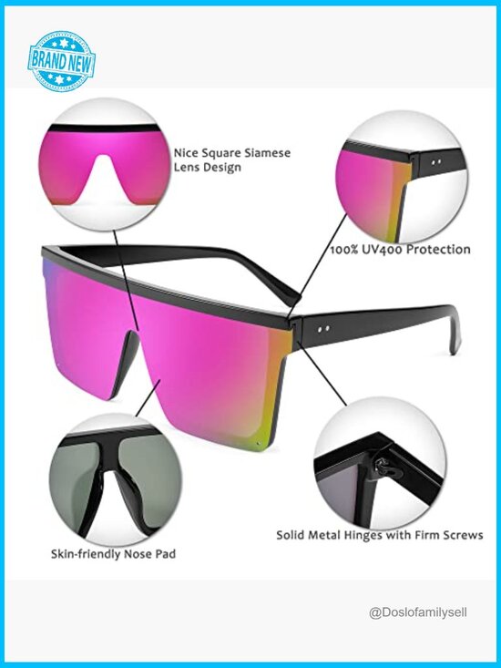 Oversized Square Sunglasses Flat Top Visor Style UV400 Protection Trendy